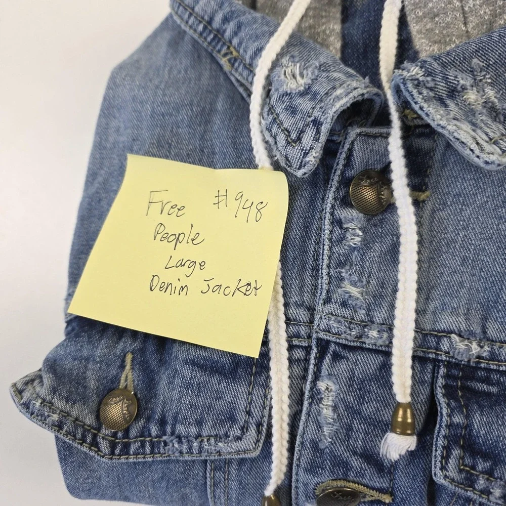 Free People Jacket Womens Large Blue Denim Hooded Sweatshirt Sleeve Button Front - Picture 13 of 13